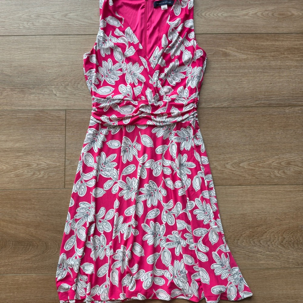 Tommy Hilfiger Pink White Floral Leaf Faux Wrap Dress Sleeveless Size 2